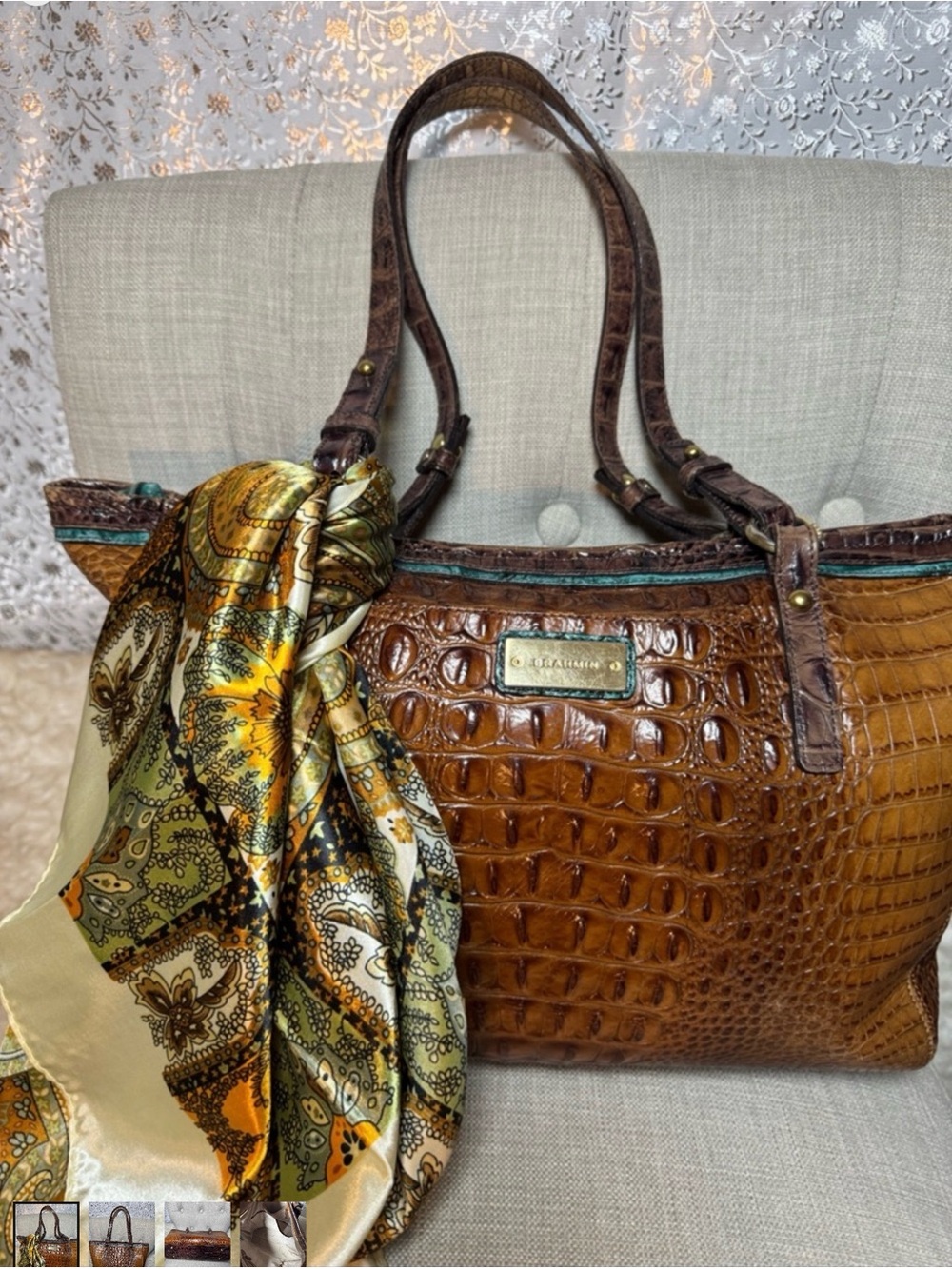 Brahmin Cognac Croc-Embossed Leather Tote with Patterned Scarf